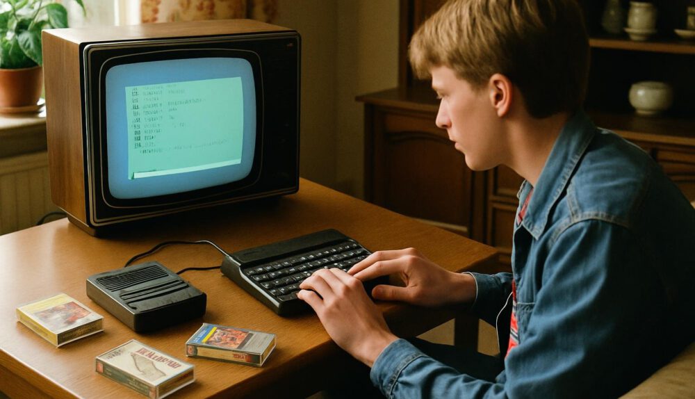 Sinclair ZX Spectrum aangesloten op een kleurentelevisie in een Nederlandse woonkamer