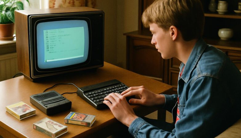 Sinclair ZX Spectrum aangesloten op een kleurentelevisie in een Nederlandse woonkamer