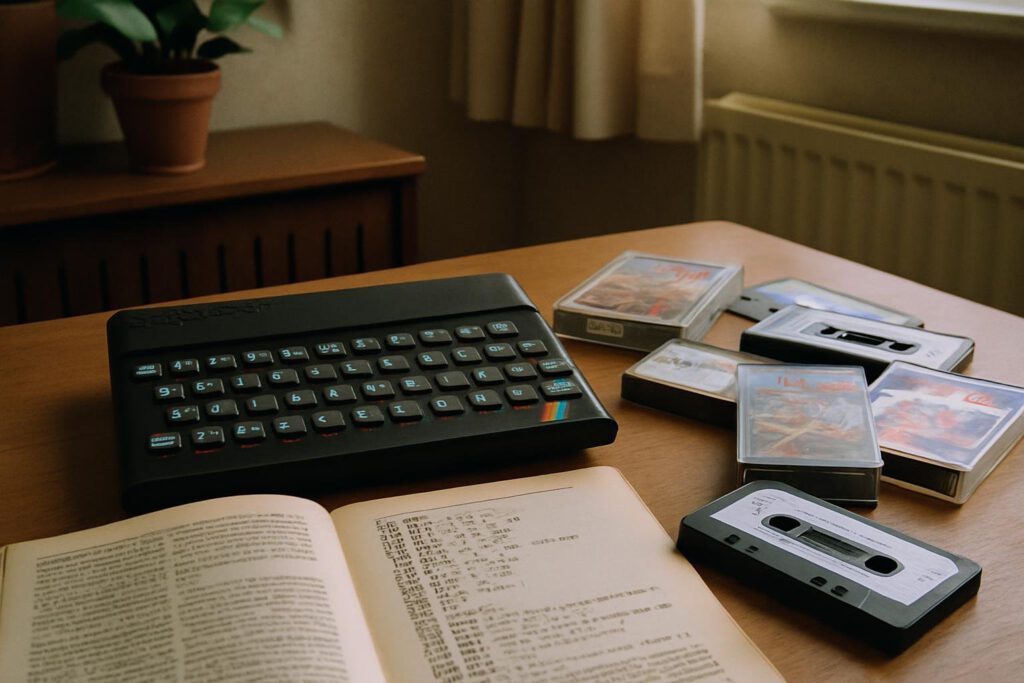 Sinclair ZX Spectrum met rubber toetsen naast spelcassettes en een computertijdschrift